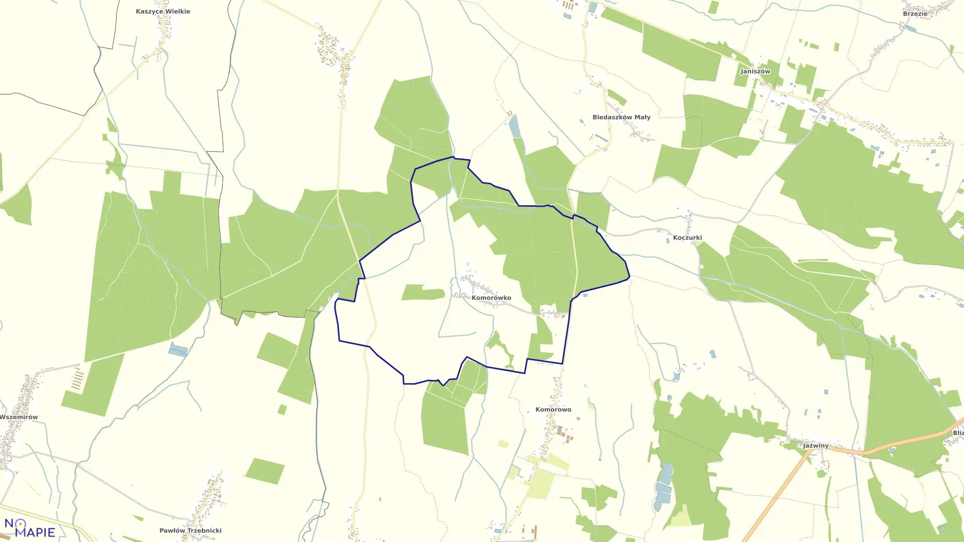 Mapa obrębu Komorówko w gminie Trzebnica