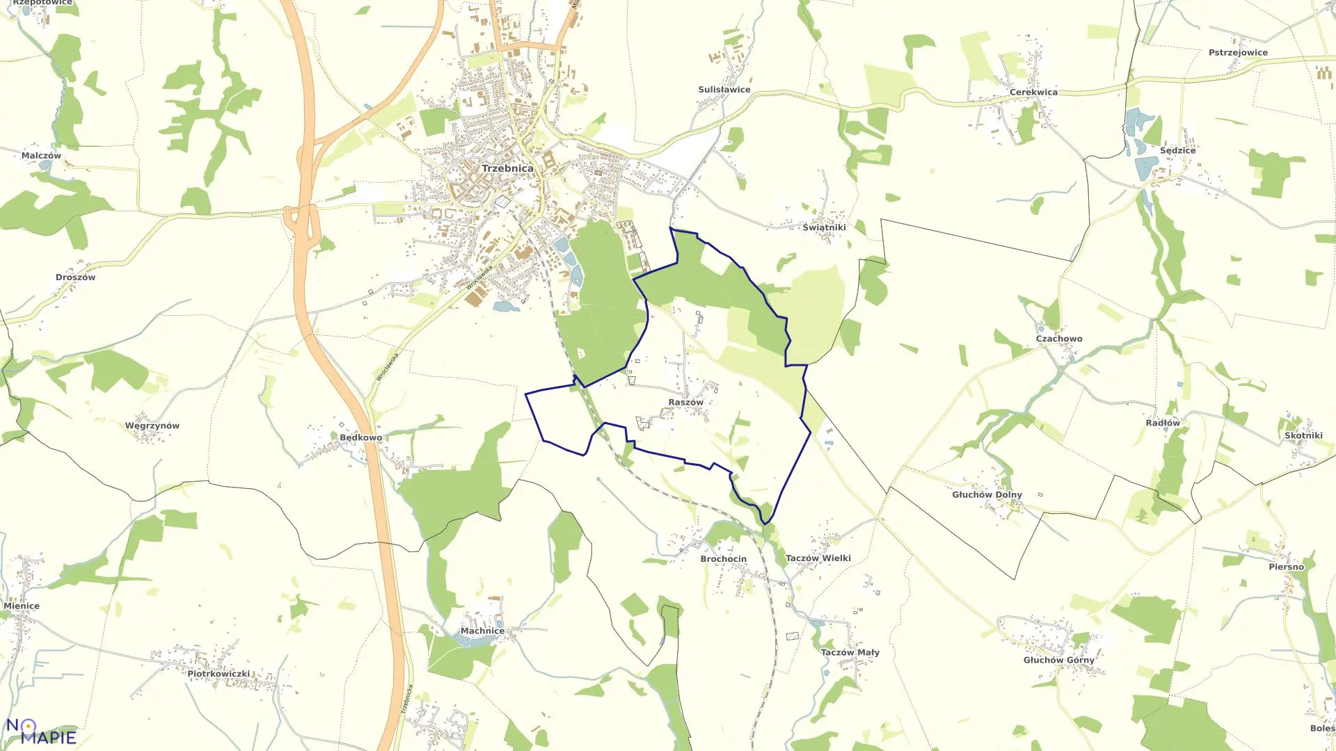 Mapa obrębu Raszów w gminie Trzebnica